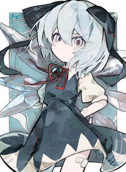 1girl absurdres bandaid bandaid_on_arm bandaid_on_cheek bandaid_on_face bandaid_on_leg blue_bow blue_dress blue_eyes blue_hair bow cirno commentary dress expressionless fairy hand_on_own_hip highres ice ice_wings looking_at_viewer medium_hair shirt short_sleeves solo soresaki touhou two-tone_dress white_shirt wings