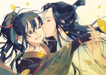 Rule 34 | 2boys, ahoge, amana raika, bishounen, black eyes, black hair, black hanfu, blurry, chinese clothes, closed eyes, commentary request, couple, eyelashes, falling petals, grin, hair between eyes, hair ribbon, hanfu, headband, high ponytail, holding hands, interlocked fingers, kiss, kissing cheek, lan wangji, long hair, long sleeves, looking at another, male focus, modao zushi, multiple boys, one eye closed, petals, ponytail, red ribbon, ribbon, robe, sidelocks, simple background, smile, topknot, twitter username, upper body, wei wuxian, white background, white hanfu, white headband, wide sleeves, xiao guan (headdress), yaoi, yellow petals