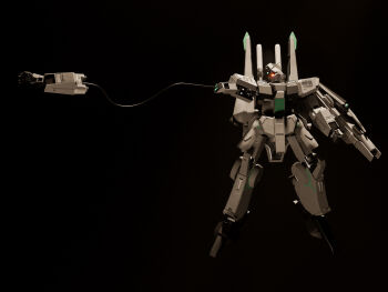 3d arm_cannon battle beam_cannon blender_(medium) cable character_request commentary english_commentary english_text glowing glowing_eyes gundam highres machinery mecha mjeff mobile_suit no_humans realistic robot rocket_punch roundel science_fiction shield silver_bullet_(mobile_suit) space weapon wire yellow_eyes zero_gravity