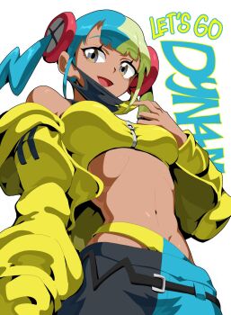 1girl 604yue aqua_hair bandeau black_mask blonde_hair blue_eyes breasts canari_(pokemon) dark-skinned_female dark_skin from_below highres jacket long_sleeves looking_at_viewer looking_down mask mask_pull medium_breasts mouth_mask multicolored_hair navel nintendo open_clothes open_jacket open_mouth pants pokemon pokemon_legends:_z-a short_twintails smile solo split-color_hair sports_bra stomach twintails two-tone_hair two-tone_mask two-tone_pants yellow_bandeau yellow_jacket yellow_mask yellow_sports_bra