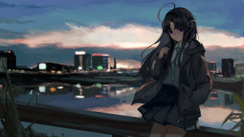 Rule 34 | 1girl, absurdres, ahoge, awa subaru, black hair, black skirt, blue necktie, blurry, blurry background, chinese commentary, commentary request, diagonal-striped clothes, diagonal-striped necktie, girls band cry, grey jacket, highres, jacket, long hair, looking at viewer, necktie, open clothes, open jacket, parted bangs, purple eyes, sidelocks, skirt, solo, striped clothes, twilight, y feng l