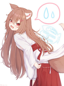 1girl animal_ears brown_hair commentary_request hair_ornament hairclip hakama hakama_skirt highres japanese_clothes long_hair looking_at_viewer miko open_mouth original rade_(rade_552) red_eyes red_hakama skirt solo spoken_sweatdrop sweatdrop tail white_background wolf_ears wolf_girl wolf_tail