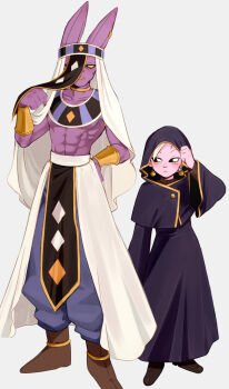 2boys abs absurdres adapted_costume adjusting_clothes adjusting_hood ancient_egyptian_clothes ankle_boots anklet argyle_clothes arm_at_side armlet baggy_pants beerus black_capelet black_eyes black_hood black_tunic black_veil blue_pants boots bracelet brown_footwear capelet clenched_hands collarbone colored_sclera colored_skin dragon_ball dragon_ball_super dragon_ball_z_kami_to_kami dragonball_z earclip earrings expressionless facing_viewer fingernails full_body gold_anklet gold_armlet gold_bracelet gold_trim hand_on_own_hip hand_up height_difference highres holitreee hood hood_up hooded_capelet jewelry lifting_own_clothes light_blush looking_to_the_side male_focus multiple_boys muscular muscular_male neck_ring obi open_mouth pants parted_lips pectorals pelvic_curtain pink_skin potara_earrings purple_skin sash sharp_fingernails shin_(dragon_ball) side-by-side sideways_glance simple_background spiked_hair standing topless_male tsurime tunic turban usekh_collar veil waist_cape white_background white_hair white_sash white_turban yellow_sclera