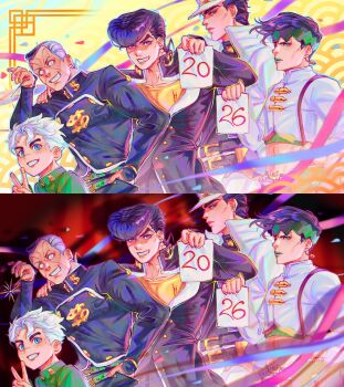 2026 5boys anchor_ornament belt black_hair blue_eyes closed_mouth coat commentary confetti crop_top diamond_wa_kudakenai dollar_sign earrings english_commentary facial_mark fireworks gakuran green_belt green_eyes green_headband green_jacket green_lips grey_hair grin hand_on_own_hip hat headband higashikata_josuke highres hirose_koichi holding holding_paper jacket jewelry jojo_no_kimyou_na_bouken kishibe_rohan kuujou_joutarou lipstick long_coat long_sleeves looking_at_viewer makeup male_focus midriff multicolored_hair multiple_boys multiple_views new_year nijimura_okuyasu open_mouth paper peaked_cap pompadour purple_eyes purple_hair sayurkailen school_uniform shirt short_hair smile stud_earrings teeth turtleneck two-tone_hair v white_coat white_hair white_hat white_jacket yellow_shirt