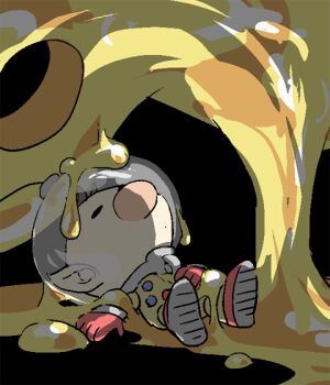 1boy bad_tag big_nose black_background brown_hair buttons closed_eyes commentary_request dripping gloves hand_on_own_stomach helmet hole lying nandovo nintendo olimar on_back outstretched_arm outstretched_arms parted_lips pikmin_(series) pikmin_3 plasm_wraith red_gloves short_hair simple_background slime_(creature) space_helmet spacesuit unconscious very_short_hair