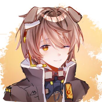 Rule 34 | 1boy, animal ears, arknights, brown hair, brown jacket, close-up, collar, collared coat, collared jacket, dog boy, dog ears, goggles, goggles around neck, greyy (arknights), greyy the lightningbearer (arknights), highres, jacket, light smile, male focus, one eye closed, short-sleeved jacket, short hair, short sleeves, splatter background, yellow eyes