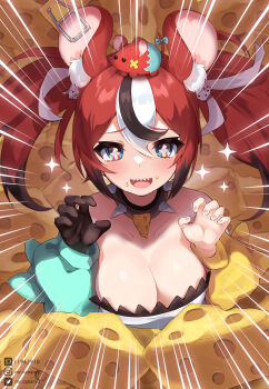 +_+ 1girl animal_ears asymmetrical_sleeves bare_shoulders black_gloves black_hair blue_eyes blush breasts cheese claw_pose cleavage collar commentary_request dice_hair_ornament food gloves hair_between_eyes hair_ornament hakos_baelz hakos_baelz_(1st_costume) hands_up highres hololive hololive_english instagram_username large_breasts long_hair looking_at_viewer mismatched_sleeves mouse_ears mouse_girl mouse_on_head mr._squeaks_(hakos_baelz) mr.canaryy multicolored_hair open_mouth pixiv_id red_hair sharp_teeth single_glove smile solo spiked_collar spikes streaked_hair teeth twintails twitter_username upper_body virtual_youtuber white_hair