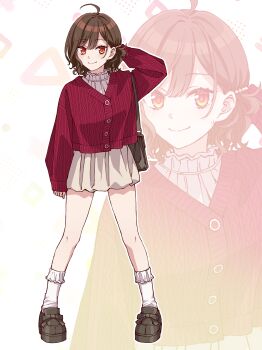 1girl absurdres ahoge arm_behind_head arm_up bag black_socks bobby_socks brown_hair brown_skirt closed_mouth commentary_request highres houkago_sai_tensei! jacket long_sleeves melua_solaris pleated_skirt puffy_long_sleeves puffy_sleeves red_eyes red_jacket shirt shoulder_bag skirt sleeves_past_wrists smile socks solo somechime_(sometime1209) standing white_background white_shirt zoom_layer