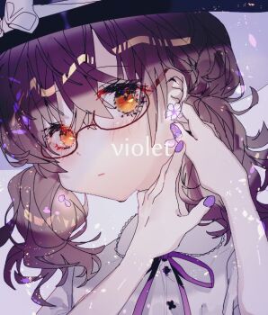 1girl black_hat bow brown_hair closed_mouth commentary_request earrings english_text expressionless fingernails flower_earrings glasses hair_bow hat jewelry looking_at_viewer neck_ribbon one-hour_drawing_challenge orange_eyes purple_nails purple_ribbon red-framed_eyewear ribbon shinjitsu_no_kuchi short_hair solo touhou upper_body usami_sumireko white_background white_bow