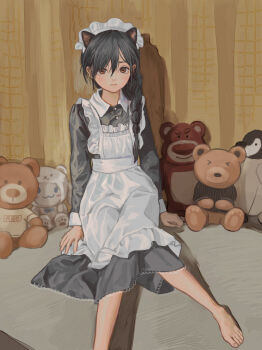 1girl absurdres animal_ears apron bare_legs barefoot black_dress black_hair blush braid brown_eyes cat_ears closed_mouth collared_shirt commentary_request curtains dress expressionless full_body hair_between_eyes headband highres indoors kouroul long_hair long_sleeves looking_at_viewer maid maid_headdress original pale_skin shadow shirt side_braid single_braid sitting solo stuffed_animal stuffed_toy teddy_bear white_apron