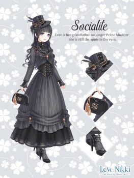 1girl artist_request ascot bag black_ascot black_bag black_bow black_corset black_hair blunt_bangs boots bow buttons character_name close-up clover clover_background collared_dress copyright_logo corset cross-laced_clothes cross-laced_corset dot_nose dress english_text formal_clothes four-leaf_clover frilled_dress frills full_body grey_background grey_boots grey_dress grey_hat handbag happy hat hat_bow hat_feather high_collar high_heel_boots high_heels holding holding_bag lace lace-trimmed_dress lace-trimmed_sleeves lace_trim light_blush lipstick logo long_dress long_hair long_sleeves looking_at_viewer makeup mascara miracle_nikki nikki_(series) official_art parted_lips pleated_dress purple_eyes red_lips sleeves_past_wrists smile socialite_(miracle_nikki) solo standing striped_clothes striped_dress third-party_source top_hat vertical-striped_clothes vertical-striped_dress wavy_hair