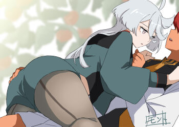 2girls asticassia_school_uniform black_pantyhose blurry blurry_background commentary_request green_jacket green_shorts grey_eyes grey_hair gundam gundam_suisei_no_majo highres jacket lying_on_person miorine_rembran monto_(user_dmde2437) multiple_girls pantyhose parted_lips red_hair school_uniform shorts suletta_mercury tomato white_shorts yuri