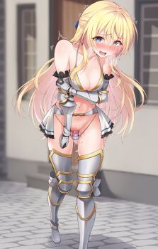 1girl absurdres armor bikini bikini_armor blonde_hair blush breasts cleavage dildo dildo_under_clothes dildo_under_swimsuit exhibitionism gauntlets goblin_slayer! greaves heavy_breathing highres long_hair looking_at_viewer medium_breasts midriff momihige object_insertion open_mouth priestess_(goblin_slayer!) public_indecency pussy pussy_juice sex_toy shiny_skin silver_bikini solo sweat swimsuit vaginal vaginal_object_insertion vibrator vibrator_under_clothes warrior