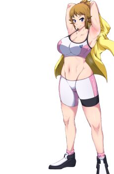 1girl armpits arms_behind_head bare_shoulders bike_shorts blue_eyes breasts brown_hair cleavage full_body grinding gundam gundam_build_fighters gundam_build_fighters_try highres hoshino_fumina itomaruzz large_breasts legs long_hair looking_at_viewer midriff navel ponytail ptrj4222 seductive_smile smile solo sports_bra standing sweat thighs toned