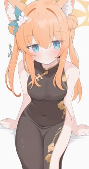 1girl absurdres alternate_costume animal_ear_fluff animal_ears black_dress blue_archive blue_eyes china_dress chinese_clothes commentary covered_navel dress flower hair_bun hair_flower hair_ornament halo highres long_hair mari_(blue_archive) nui_(nuinui0300) orange_hair solo variant_set yellow_halo