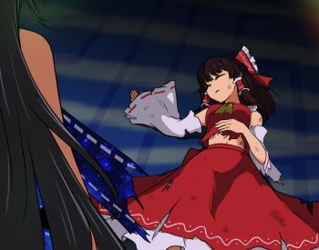 2girls absurdres ascot bow brown_hair closed_eyes commentary_request defeat detached_sleeves fossilized_wonders frilled_bow frilled_hair_tubes frills grey_hair hair_bow hair_tubes hakurei_reimu highres long_hair lying monadmandara multiple_girls on_back red_bow red_skirt ribbon-trimmed_sleeves ribbon_around_body ribbon_trim skirt skirt_set torn_clothes torn_skirt torn_sleeves touhou unconscious very_long_hair yellow_ascot yuiman_asama