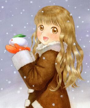 Rule 34 | 1girl, :d, blonde hair, brown coat, brown eyes, coat, commentary request, efira, from side, fur-trimmed coat, fur-trimmed sleeves, fur trim, holding snow rabbit, long hair, long sleeves, looking at viewer, mittens, open mouth, original, painting (medium), red mittens, smile, snow rabbit, snowing, solo, traditional media, upper body, watercolor (medium), winter clothes