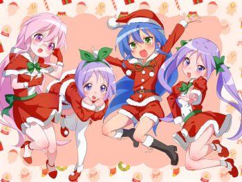 4girls belt blue_eyes blue_hair blush boots bow candy candy_cane christmas christmas_stocking christmas_wreath dot_noseltbe dress female_focus food full_body gingerbread_man glasses green_eyes green_ribbon gsa082rnw hair_between_eyes hair_ribbon hat high_heels hiiragi_kagami hiiragi_tsukasa izumi_konata legs long_hair long_sleeves looking_at_viewer lucky_star multiple_girls open_mouth pink_hair pom_pom_(clothes) purple_hair ribbon santa_claus santa_costume santa_dress santa_hat short_hair shorts siblings sisters snow_globe snowman socks standing standing_on_one_leg takara_miyuki thighhighs white_thighhighs wreath