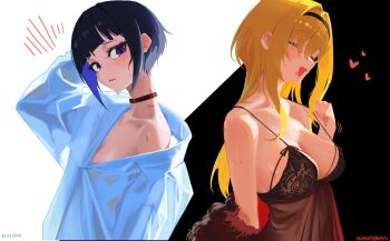 2girls ^_^ absurdres artist_name black_chemise black_hair black_hairband blonde_hair blunt_bangs blush breasts chemise closed_eyes commentary_request dress_shirt fang flat_chest hair_intakes hairband heart hickey highres idolmaster idolmaster_cinderella_girls kurosaki_chitose long_hair looking_at_viewer medium_breasts multiple_girls purple_eyes see-through_clothes see-through_shirt see-through_silhouette shirayuki_chiyo shirt short_hair single_bare_shoulder skin_fang smile spaghetti_strap sweat tomber upper_body very_long_hair white_shirt