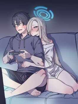 1boy 1girl :o absurdres anygatsby asuna_(blue_archive) bare_shoulders black_hair black_hoodie black_pants blonde_hair blue_archive blue_eyes blue_halo blush choker commission controller game_controller hair_between_eyes hair_over_one_eye halo hand_on_another&#039;s_waist highres holding holding_controller holding_game_controller hood hoodie hug leaning_on_person lipstick_mark lipstick_mark_on_face long_hair looking_at_another open_mouth pants shirt short_hair sitting thighs very_long_hair white_shirt