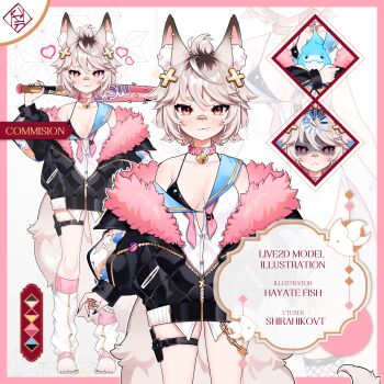 1girl @_@ absurdres animal_ear_fluff animal_ears bandaid bandaid_on_face bandaid_on_nose barefoot bell black_jacket black_nails blonde_hair blue_sailor_collar blush breasts cleavage collar fox_ears fox_girl fox_print fox_tail full_body hair_between_eyes hair_ornament hayate_fish heart heart-shaped_pupils highres hitodama indie_virtual_youtuber jacket knife_sheath leg_warmers loading_icon multiple_expressions neck_bell off-shoulder_jacket off_shoulder official_art open_clothes open_jacket orange_eyes pink_collar reference_sheet sailor_collar sheath shirahiko_(vtuber) shirt short_eyebrows single_fishnet_legwear sleeveless sleeveless_shirt small_breasts standing symbol-shaped_pupils tail thigh_strap thighs virtual_youtuber white_leg_warmers white_shirt