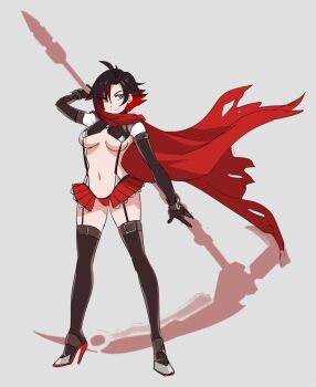 1girl black_boots black_hair boots breasts cape cleavage cosplay female_focus full_body grey_eyes high_heel_boots high_heels huge_weapon kill_la_kill matoi_ryuuko midriff miniskirt multicolored_hair navel red_hair revealing_clothes ruby_rose rwby sinccubi skirt solo standing stomach suspender_skirt suspenders tagme thigh_boots thighhighs two-tone_hair underboob weapon