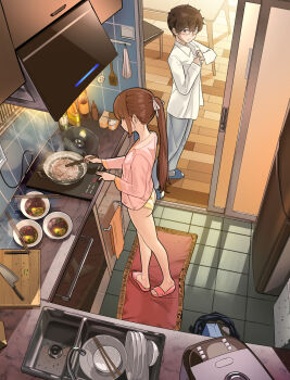 1boy 1girl ass blush bowl brown_hair chair chopsticks commentary cooking door food from_above frying_pan hair_ribbon highres holding holding_chopsticks indoors kitchen knife light_rays long_hair no_pants original panties pink_shirt plate ponytail refrigerator revision ribbon rice_cooker shelf shirt short_hair sink steam sweat table tile_floor tiles underwear water white_ribbon white_shirt wooden_floor yewang19
