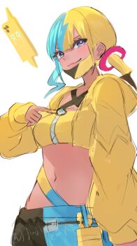 1girl aqua_hair bandeau black_mask blonde_hair breasts canari_(pokemon) center-flap_bangs cleavage collarbone criss-cross_halter criss-cross_straps crop_top curly_sidelocks fujimori_shiki gen_4_pokemon halterneck jacket looking_at_viewer mask mask_pull medium_breasts mega_ring mega_stone midriff mouth_mask multicolored_hair navel nintendo pants pokemon pokemon_(creature) pokemon_legends:_z-a rotom rotom_phone short_twintails simple_background solo split-color_hair stomach twintails twitter_username two-tone_hair two-tone_mask white_background yellow_bandeau yellow_jacket yellow_mask