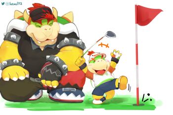 Rule 34 | +++, 2boys, armlet, artist name, black pants, black shirt, black shorts, bowser, bowser jr., bracelet, closed eyes, collar, commentary, english commentary, fangs, father and child, father and son, flag, furry, furry male, golf club, highres, holding, holding golf club, instagram logo, jewelry, lates312, male focus, mario (series), mario golf, mario golf: super rush, multiple boys, nintendo, open mouth, pants, parent and child, shirt, shorts, smile, spiked armlet, spiked bracelet, spiked collar, spiked shell, spikes, twitter logo, twitter username, white background, white shirt