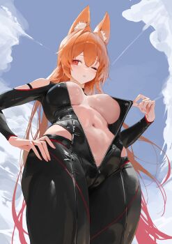 1girl absurdres animal_ears artist_request black_bodysuit bodysuit breasts check_artist choyeon clothing_cutout cloud commission cowboy_shot dungeon_and_fighter ellin_meiji fox_ears from_below gradient_hair hand_on_own_hip highres large_breasts long_hair long_sleeves looking_at_viewer multicolored_hair navel one_eye_closed orange_hair original parted_lips pulling_own_clothes red_eyes second-party_source shoulder_cutout solo stomach unzipped very_long_hair zipper zipper_pull_tab