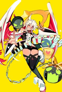 1girl absurdres bat_wings big_hair black_shorts black_thighhighs blunt_ends boots borcheim commentary cosplay criss-cross_straps detached_sleeves dizzy_(guilty_gear) dorpos double-parted_bangs english_commentary front_slit full_body glowing_mouth grin guilty_gear guilty_gear_strive hair_between_eyes hair_wings halo highres jack-o'_valentine knight_servant long_hair long_sleeves looking_at_viewer magician_servant midriff multicolored_hair queen_dizzy queen_dizzy_(cosplay) red_eyes shorts simple_background smile solo spiked_hair spiked_halo thighhighs two-tone_hair very_long_hair white_boots white_hair white_sleeves wings yellow_background