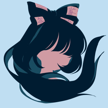 1girl blue_background blue_hair blue_ribbon faceless faceless_female hair_ornament hair_ribbon highres limited_palette long_hair looking_back maskin_mei minimalism ofuda ofuda_on_clothes patchwork_clothes ribbon simple_background swept_bangs touhou yorigami_shion