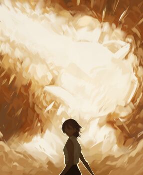 1girl absurdres black_hair black_shorts chainsaw_man commentary english_commentary explosion highres looking_back nic0lettie outdoors reze_(chainsaw_man) shirt shirt_tucked_in shorts sleeveless sleeveless_shirt solo white_shirt