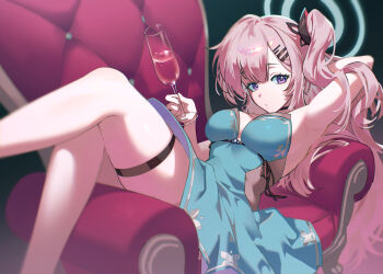 Rule 34 | 1girl, ambriel (arknights), arknights, arm behind head, armchair, armpits, chair, cocktail glass, commentary request, commission, cup, dress, drinking glass, halo, highres, holding, holding cup, long hair, looking at viewer, one side up, pink hair, pixiv commission, sitting, solo, strapless, strapless dress, tanjwi, thigh strap, traditional halo