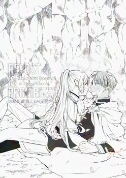 1boy 1girl aruna black_pantyhose blush capelet cloak earrings elf frieren greyscale hair_between_eyes hand_on_another&#039;s_head highres himmel_(sousou_no_frieren) jacket jewelry leaf leaf_on_head long_hair looking_at_another monochrome pants pantyhose pointy_ears short_hair sidelocks skirt sousou_no_frieren sweatdrop twintails white_capelet white_cloak white_jacket white_pants white_skirt white_trim