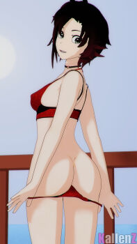 1girl 3d artist_name ass black_hair bra breasts choker from_behind gradient_hair grey_eyes highres kallenz looking_at_viewer looking_back medium_breasts multicolored_hair panties panty_pull red_bra red_hair red_panties ruby_rose rwby short_hair smile solo thighs underwear