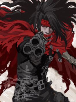 Rule 34 | 1boy, 5tatsu, aiming, aiming at viewer, belt, belt buckle, black gloves, black hair, buckle, cape, cloak, commentary request, final fantasy, final fantasy vii, floating hair, gauntlets, gloves, gun, highres, holding, holding gun, holding weapon, long hair, looking at viewer, male focus, red cape, red cloak, red eyes, single gauntlet, single glove, solo, torn cape, torn clothes, vincent valentine, weapon