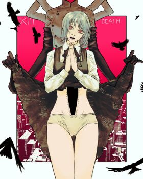 2girls bird black_dress black_gloves chainsaw_man chef clothes_lift collared_shirt commentary crow death_devil_(chainsaw_man) dress dress_lift earrings elbow_gloves english_commentary falling_devil_(chainsaw_man) fami_(chainsaw_man) gloves grey_hair highres jewelry long_sleeves looking_at_viewer machipachi1901 multiple_girls open_mouth own_hands_together panties pinafore_dress red_eyes shirt sleeveless sleeveless_dress teeth underwear white_panties