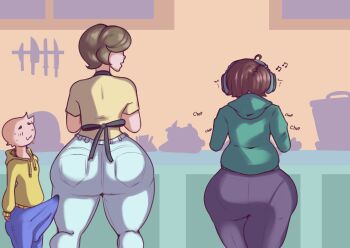 1boy 2girls :3 absurdres age_difference apron ass brother_and_sister brown_hair bulge cheating_(relationship) cosgal_(costroupe) costroupe dedalo english_text erection erection_under_clothes headphones highres huge_ass incest large_penis looking_at_viewer looking_back medium_hair mother_and_son multiple_girls netorare open_mouth original penis shota siblings size_difference smile sweat