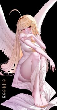 Rule 34 | 1girl, absurdres, ahoge, angel, angel wings, bare legs, bare shoulders, barefoot, black background, blonde hair, blunt bangs, blush, breasts, closed mouth, dress, feathered wings, feet, full body, hair intakes, hair ornament, highres, jingburger, knees up, korean commentary, large breasts, legs, long hair, looking at viewer, making-of available, nail polish, orange nails, red eyes, simple background, sitting, sleeveless, sleeveless dress, smile, solo, thighs, toenail polish, toenails, toes, very long hair, virtual youtuber, waktaverse, white dress, white wings, wings, yellow nails, yeon do e