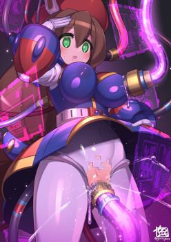 1girl blue_dress blush breasts brown_hair cable cowboy_shot dress green_eyes gummyrise hat highres iris_(mega_man) large_breasts long_hair mega_man_(series) mega_man_x_(series) pantyhose pussy_juice red_dress red_hat salute standing tentacle_sex tentacles vaginal white_pantyhose