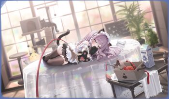 1girl absurdres alternate_costume animal_ears animal_hands artist_request azur_lane black_cat black_panties black_thighhighs blush cat cat_ears cat_teaser check_artist covering_own_mouth enmaided fake_animal_ears fake_tail frilled_hairband frills grey_eyes hairband highres logo long_hair looking_at_viewer lying maid maid_headdress non-web_source nys official_alternate_costume official_art on_side on_table one_eye_closed panties purple_hair shaded_face side-tie_panties smile solo spilled_milk table tail thighhighs two_side_up underwear vittorio_cuniberti_(azur_lane) vittorio_cuniberti_(on_the_habits_of_cats)_(azur_lane)