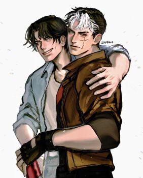 bat_signal batman_(series) batman_symbol black_bodysuit black_gloves black_hair blue_eyes bodysuit brothers brown_jacket dc_comics dick_grayson gloves grey_bodysuit highres jacket jason_todd male_focus multicolored_bodysuit multicolored_hair multiple_boys muscular muscular_male open_clothes pants red_hood_(dc) red_hood_and_the_outlaws scar scar_on_face short_hair siblings smile superhero_costume taut_bodysuit two-tone_bodysuit white_hair xiyattica