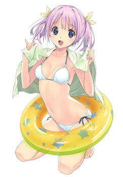 1girl absurdres bare_legs barefoot bikini blue_eyes breasts collarbone female_focus fingernails full_body highres innertube kneeling koutaro looking_at_viewer medium_breasts navel open_mouth original pink_hair see-through_clothes shiny_skin short_twintails side-tie_bikini_bottom simple_background smile solo star_(symbol) star_print swim_ring swimsuit toes towel towel_around_neck twintails