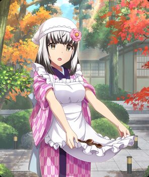 1girl :o apron apron_hold architecture autumn black_hair blue_sky breasts brown_eyes building bush cloud colored_tips cowboy_shot dappled_sunlight day east_asian_architecture flower frilled_apron frills game_cg grey_hair hair_flower hair_ornament headscarf japanese_clothes kimono looking_at_viewer maid_apron medium_breasts multicolored_hair mushroom nakai_(waitress) official_art open_mouth outdoors pink_flower print_kimono satsuki_yomi short_hair sky sleeves_rolled_up solo stone_walkway sunlight third-party_source toji_no_miko toji_no_miko:_kizamishi_issen_no_tomoshibi tree white_apron white_headscarf yagasuri yukata