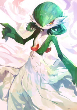 absurdres bob_cut closed_mouth colored_skin commentary gardevoir gen_3_pokemon green_hair green_skin hair_between_eyes hair_over_one_eye highres kaamin_(mariarose753) multicolored_skin nintendo orange_eyes pokemon pokemon_(creature) red_eyes simple_background solo white_skin