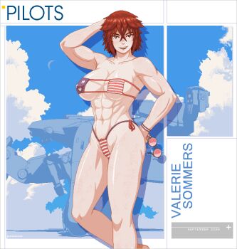 abs american_flag american_flag_bikini american_flag_print artist_request bikini blue_sky body_freckles bracelet cloud cumulonimbus_cloud dated drop_shadow english_text eyepatch_bikini flag_print flag_print_bikini freckles grin hair_between_eyes holding holding_removed_eyewear jewelry muscular muscular_female original pixel_art print_bikini red_hair sky smile source_request swimsuit tan tanline thigh_freckles unworn_eyewear