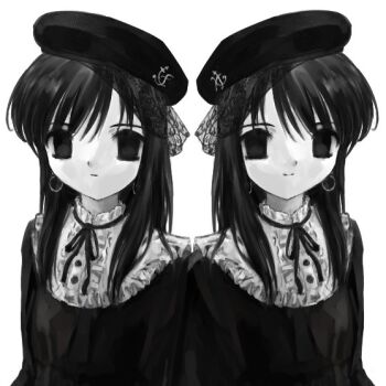 2fulun 2girls beret black_eyes black_hair black_hat collar commentary earrings empty_eyes expressionless faux_retro_artstyle frilled_collar frills hat jewelry light_smile looking_at_viewer multiple_girls neck_ribbon original pale_skin pleated_collar ribbon simple_background symbol-only_commentary upper_body white_background