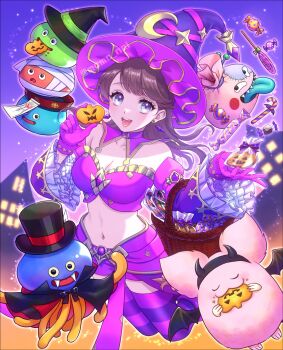 1girl 4others :d basket bat_wings blue_eyes bow breasts brown_hair candy candy_cane cleavage commentary_request cookie creature creature_request crescent crescent_hat_ornament detached_collar detached_sleeves dragon_quest dragon_quest_x earrings eating fake_horns fake_teeth fangs floating_hair food gloves goodybag_(dragon_quest) gradient_background hairband halloween halloween_costume hat hat_ornament healslime heroine_(dq10) highres holding holding_basket holding_cookie holding_food horn_hairband horns jack-o'-lantern jewelry jiangshi jiangshi_costume lollipop looking_at_viewer medium_breasts midriff momo_nei multiple_others navel open_mouth orange_background pink_fur pink_gloves pink_hat pink_shorts pink_sleeves pink_thighhighs purple_background purple_bow purple_thighhighs shorts silhouette slime_stack smile stitches striped_clothes striped_thighhighs thighhighs top_hat twitter_username vampire_costume wings witch_hat wrapped_candy
