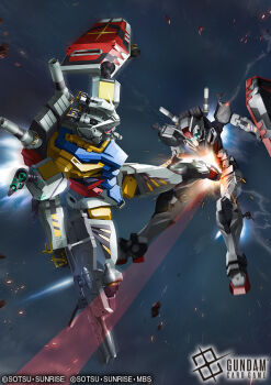 battle beam_rifle copyright_logo copyright_name copyright_notice energy_gun green_visor gun gundam gundam_card_game gundam_gquuuuuux holding holding_gun holding_shield holding_weapon humanoid_robot kicking logo mecha mobile_suit nagi-kaze no_humans official_art purple_eyes robot rx-78-01_gundam science_fiction shield space v-fin weapon weapon_on_back white_gundam